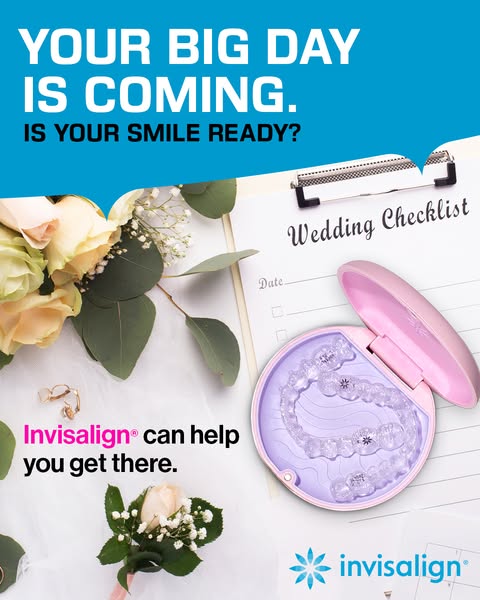 This image ad for Invisalign asks if the viewer's smile is ready for their big day. A wedding checklist and flowers 