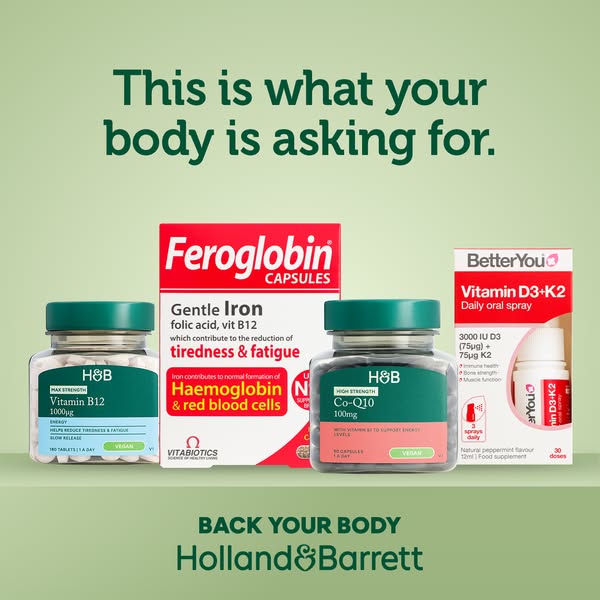 This ad showcases a range of Holland & Barrett supplements, emphasizing their benefits for reducing tiredness and fa