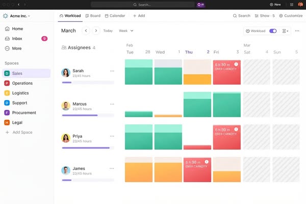 This ad features a screenshot of a workload planning application, with calendar entries showing employee workloads and c