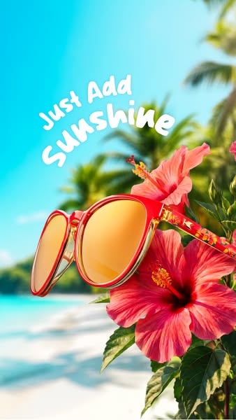 This ad features a pair of sunglasses positioned in front of tropical flora and beach scenery. The message focuses on ad
