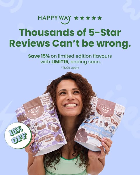 This ad for Happy Way highlights its positive customer reviews and promotes a limited-time discount to encourage purchas