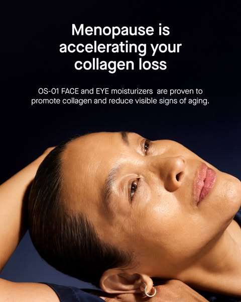 This image ad for OS-01 face and eye moisturizers is designed to address the problem of collagen loss that women experie