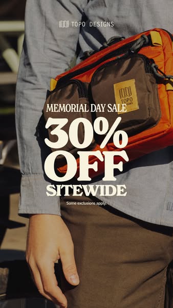 This image ad for Topo Designs promotes a Memorial Day sale with 30% off sitewide, with some exclusions applying.
