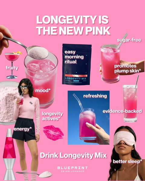 This ad promotes Blueprint's Longevity Mix as a pink drink for better sleep, plumper skin, and an easy morning ritua