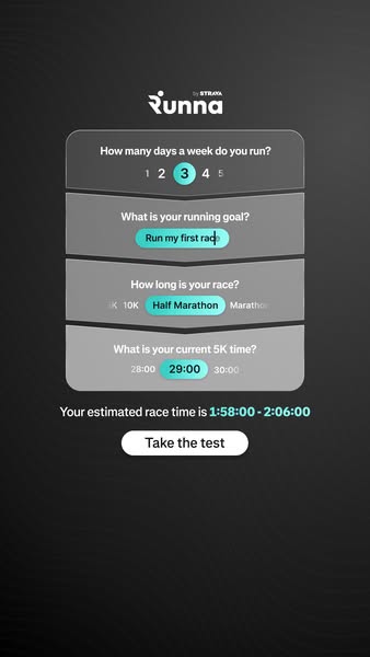 This ad for Runna by Strava is designed to help new runners estimate their race time and get started with training plans