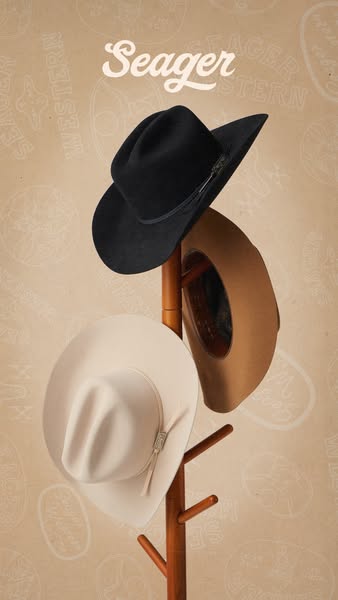 This image ad showcases three cowboy hats of different colors hanging on a wooden coat rack. The ad is for the brand Sea