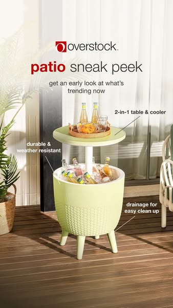 This image ad showcases Overstock's 2-in-1 patio table and cooler. The ad emphasizes its convenience and durability,