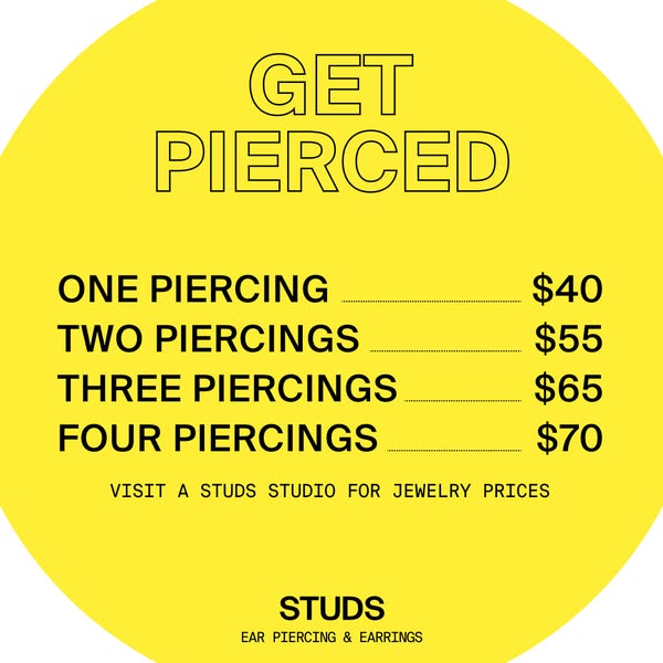 This ad promotes Studs ear piercing services, listing the prices for one to four piercings.