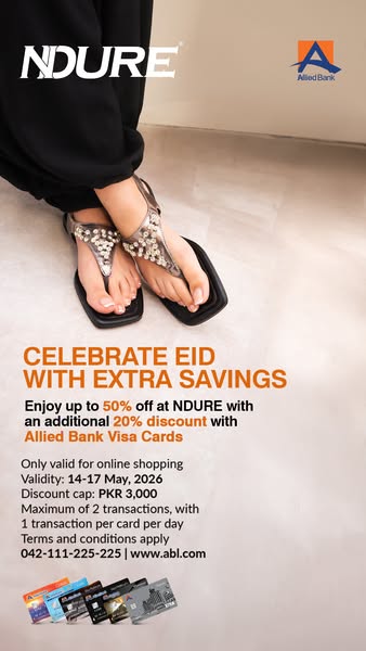 This image ad for NDURE promotes up to 50% off plus an additional 20% discount with Allied Bank Visa Cards in celebratio