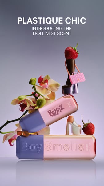 This ad showcases the Boy Smells and Bratz collaboration, highlighting the Doll Mist scent. The ad uses a playful and su