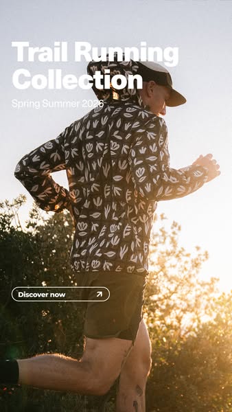 This image ad showcases a trail running collection. The image features a person running in a hooded jacket with a floral