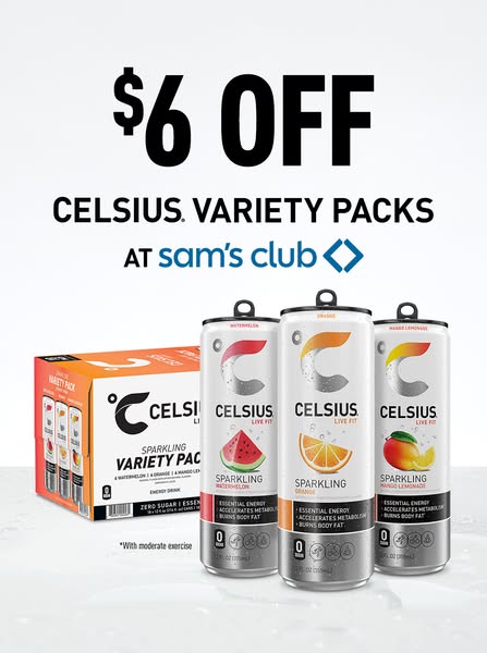 This ad promotes Celsius energy drinks, specifically the variety packs available at Sam's Club, with a limited-time 