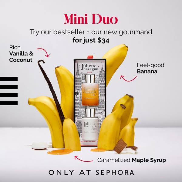 This ad showcases the Juliette Has a Gun Mini Duo fragrance set, highlighting its gourmand scents and pairing it with co