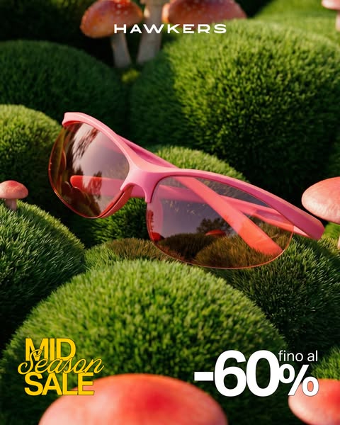 This ad features a pair of pink-framed sunglasses from HAWKERS. The ad is set in a mossy, mushroom-filled forest scene w