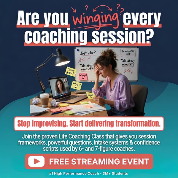 The ad highlights the challenges life coaches face when 'winging' their sessions, then introduces a Life Coachin
