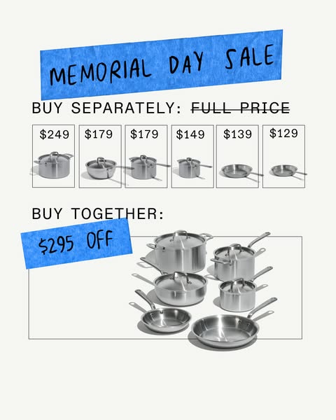 This ad promotes a Memorial Day sale on a set of cookware. The ad shows that if the customer buys the set together they