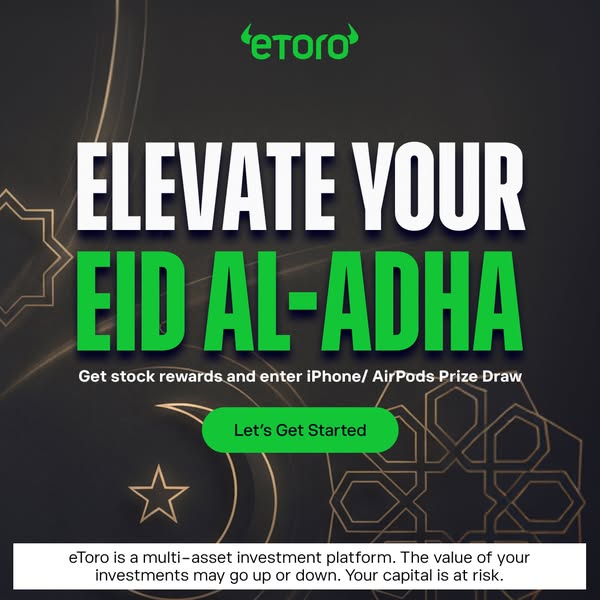 This image ad for eToro highlights the opportunity for users to elevate their Eid al-Adha celebration by entering to win