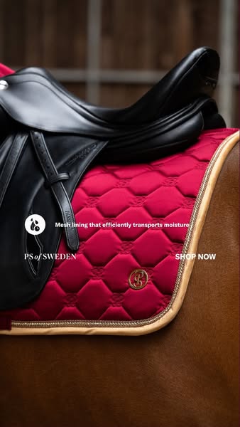 This ad features a saddle pad and saddle atop a horse, emphasizing the comfort and quality of the product with a focus o