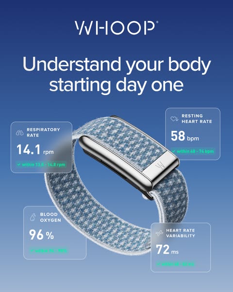 This image ad showcases the WHOOP fitness tracker's ability to track and analyze various health metrics like respira