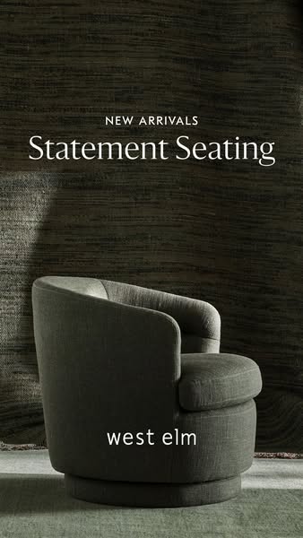 This ad for West Elm features a stylish, modern swivel chair against a textured backdrop, highlighting its design and ne