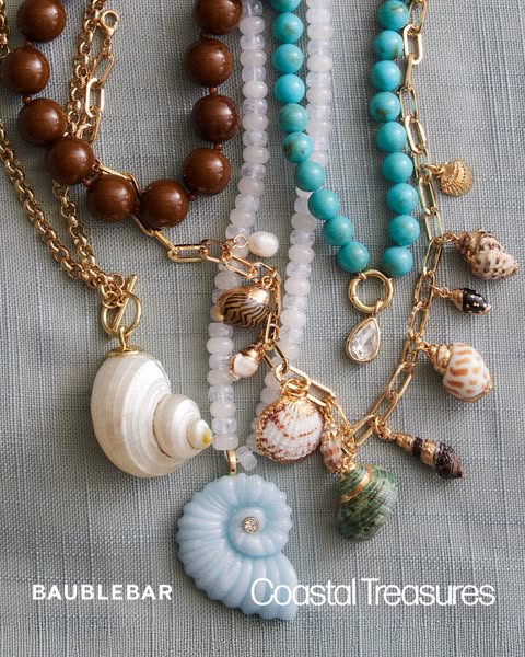 This ad showcases four "Coastal Treasures" necklaces by BaubleBar. They are displayed in a visually appealing