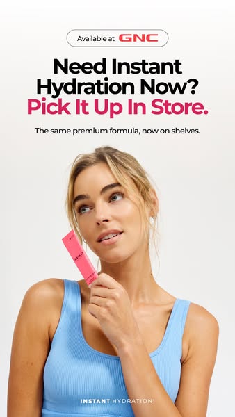 This ad promotes GNC's instant hydration supplement, emphasizing its availability in-store for immediate purchase.