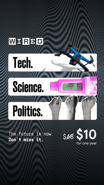 This ad for Wired promotes a subscription for one year at a discounted price. The ad uses a black and white wavy backgro