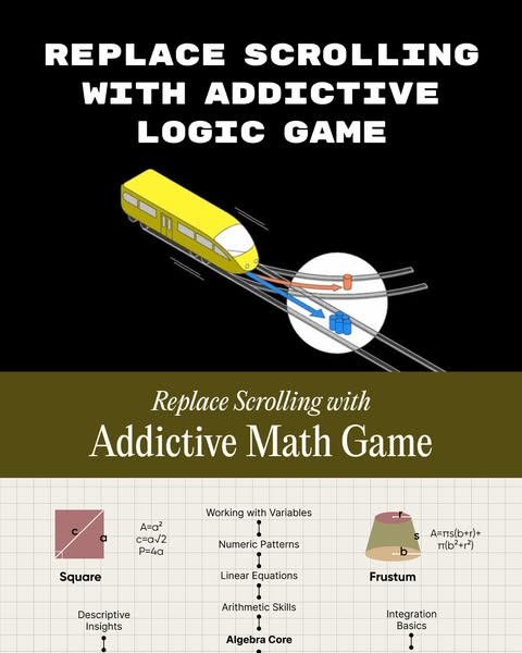 The ad promotes a math game as an alternative to mindless scrolling. It highlights the game's addictive nature and i