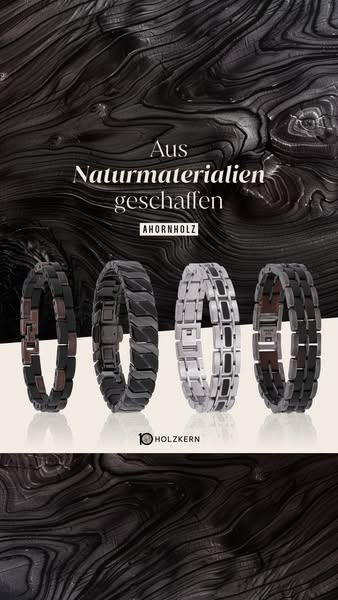 This ad features a close up of the dark wood texture and a collection of four bracelets from Holzkern that showcase vari