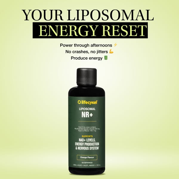 This ad promotes Lifecykel Liposomal NR+ as a way to power through afternoons without crashes or jitters, supporting NAD