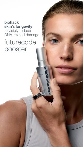 An ad for Dermalogica's futurecode booster that claims to biohack skin's longevity to reduce DNA-related damage.
