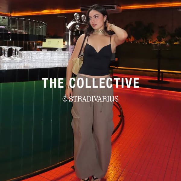 An image ad for Stradivarius features a woman wearing clothing from "The Collective" in a dimly lit bar. The i