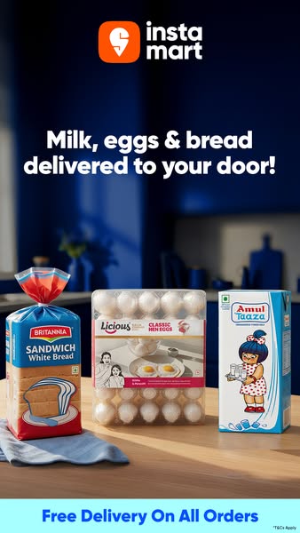 Image ad for Instamart, an Indian online grocery delivery service. The ad promotes the convenience of having milk, eggs,