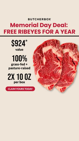 This ad by ButcherBox advertises their Memorial Day deal, which includes free ribeyes for a year. The ad includes the to