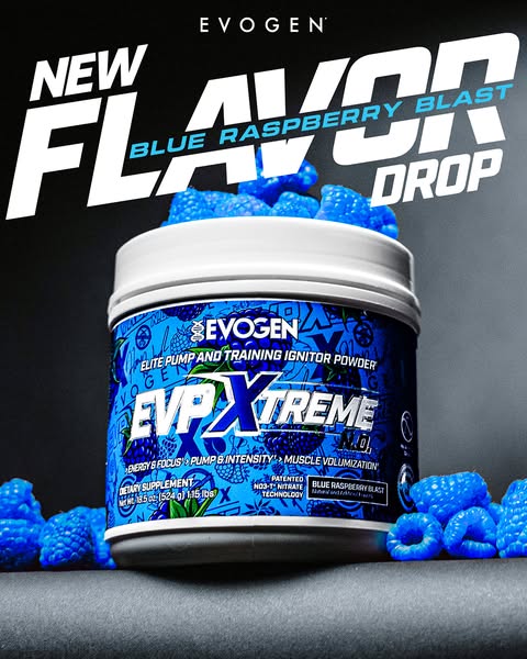 This ad announces a new flavor of Evogen's EVP Xtreme pre-workout supplement, called Blue Raspberry Blast. The ad fe