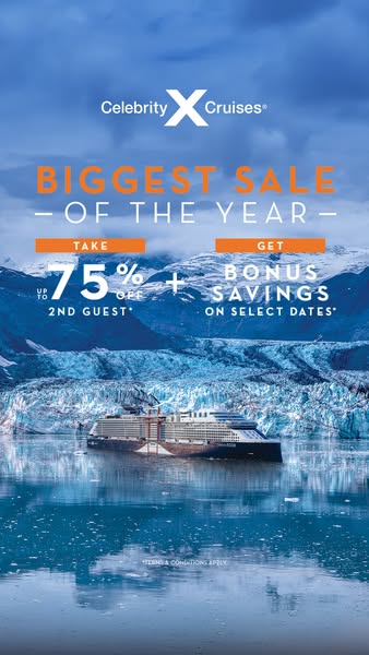 This image ad for Celebrity Cruises promotes a sale offering a 75% discount for the second guest and bonus savings on se