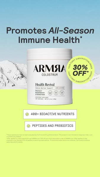 This ad promotes ARMRA Colostrum as a supplement that promotes all-season immune health. The ad features a container of 