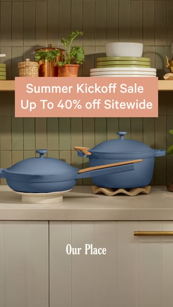 An image ad promoting Our Place cookware, specifically the Always Pan and a pot with lid in a blue hue. It highlights a