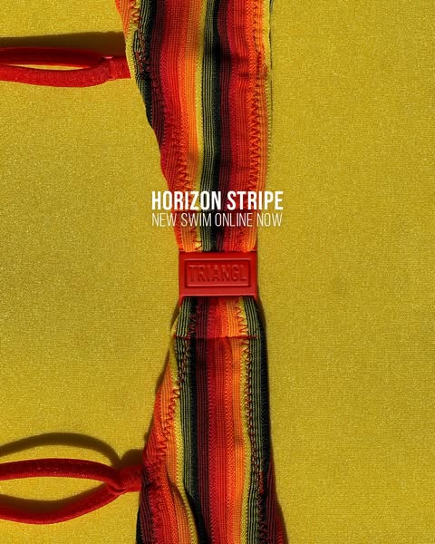This ad showcases a close-up of a TRIANGL bikini top, highlighting its unique horizon stripe design. The ad uses a visua