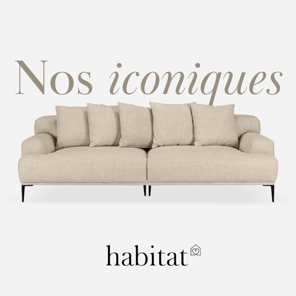 This ad showcases a beige couch with a minimalist design, emphasizing its iconic status and promoting the Habitat brand.