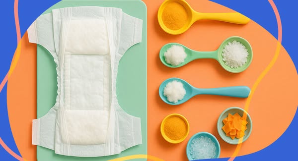 This ad showcases the ingredients that are found inside a diaper.