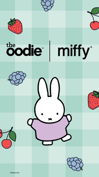 This ad promotes a collaboration between The Oodie and Miffy. It features a whimsical design with Miffy at the center, s