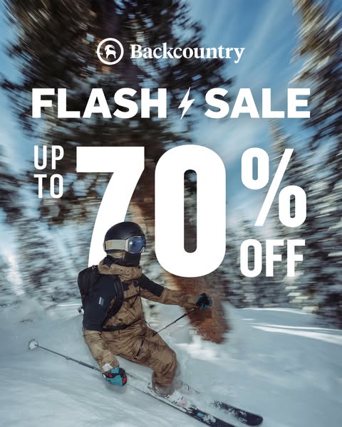 This Backcountry ad features an image of a skier on a snowy mountain with the offer of a flash sale up to 70% off.