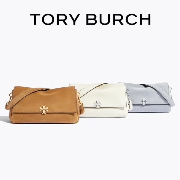 This image ad showcases three different colored Tory Burch bags against a stark white background.