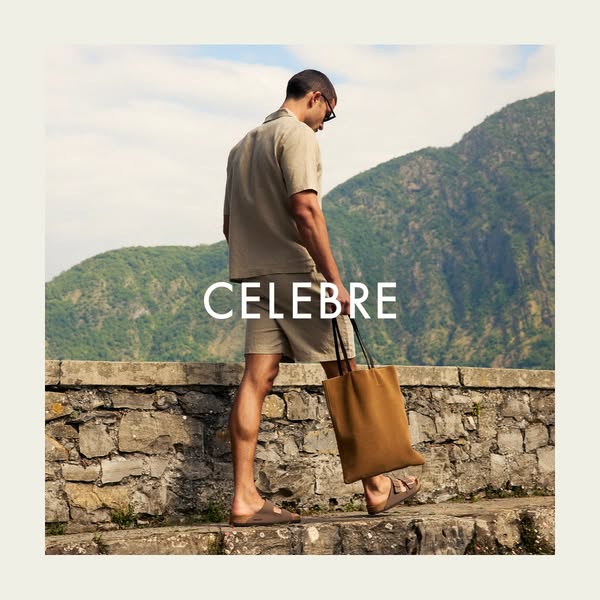 This image ad for CELEBRE features a man wearing CELEBRE clothing in front of a mountain landscape. The ad aims to captu