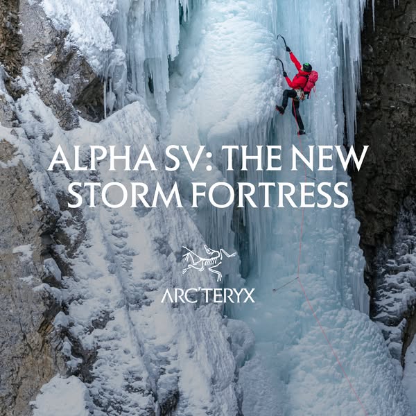 This ad for Arc'teryx features an image of a mountain climber ascending a frozen waterfall. The ad emphasizes the qu