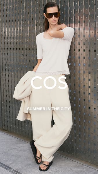 This ad features a model in COS clothing, highlighting the brand's summer collection designed for city wear. The neu