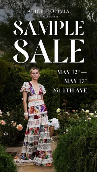 This is an image ad for an Alice + Olivia sample sale event.