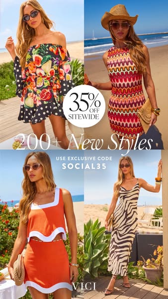 This ad features a collection of four different dresses from VICI, each being worn by a model in an outdoor setting. The