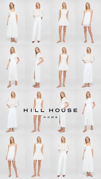 This is an image ad that features a collage of many photos of a model wearing a variety of white dresses and clothing. T